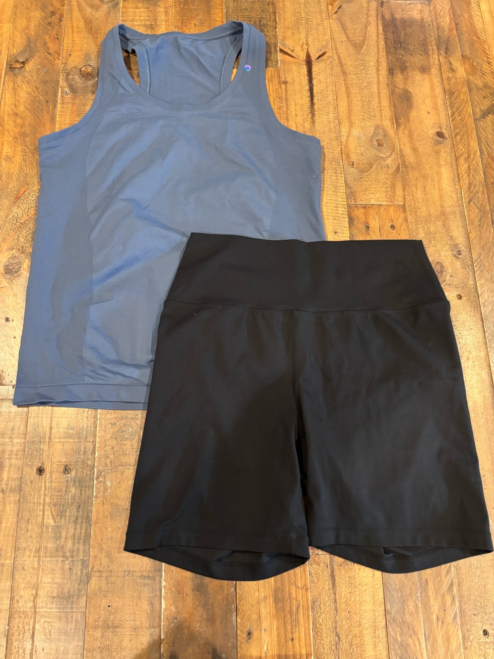 Fabletics Black Bike Shorts with Slate Blue Tank